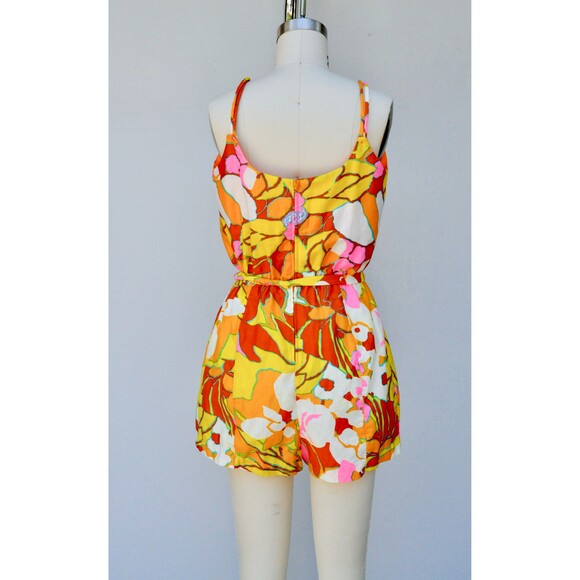 50s 60s Cotton Floral Swimsuit Romper One Piece Bathing Suit Colorful Floral S M - Picture 3 of 10
